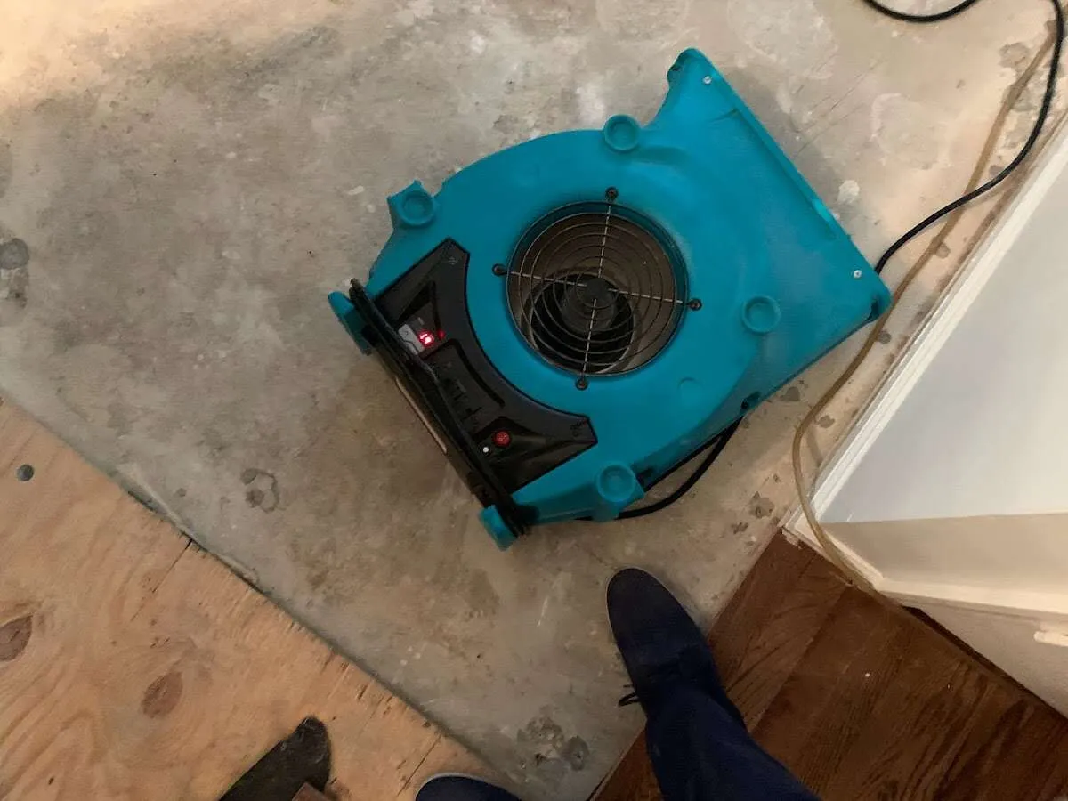 Air mover drying subfloor during Commercial Water Damage Restoration in Flower Hill